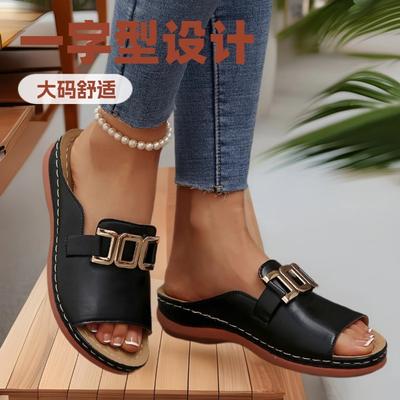 2025 New Foreign Trade Summer Thick-soled Fish Mouth Slippers Women's Shoes Large Size Wide Strip One-word Thick-soled Slippers