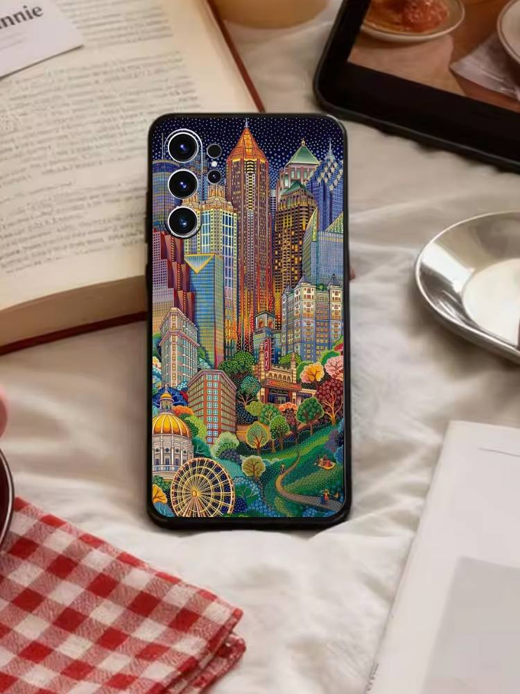 Starry Night Whimsical Landscape Phone Case For Samsung S26,S25,S24,S23,S22,S21,S20,Ultra,Plus,FE Black Soft Cover
