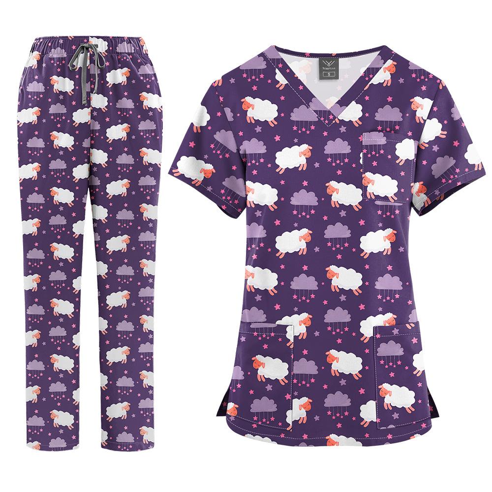 Flerfärgade Joggingdräkter Läkare Sjuksköterskeuniformer Kortärmade V-ringade Toppar Fickbyxor Sjuksköterskeskrubbar Set Medicinska Kliniska Kläder