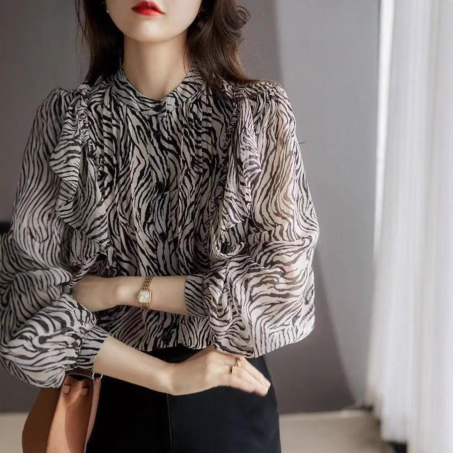 Female Spring and Summer Thin Section Long-sleeved Ruffled Loose Chiffon Shirt Striped Commuter Temperament Shirt