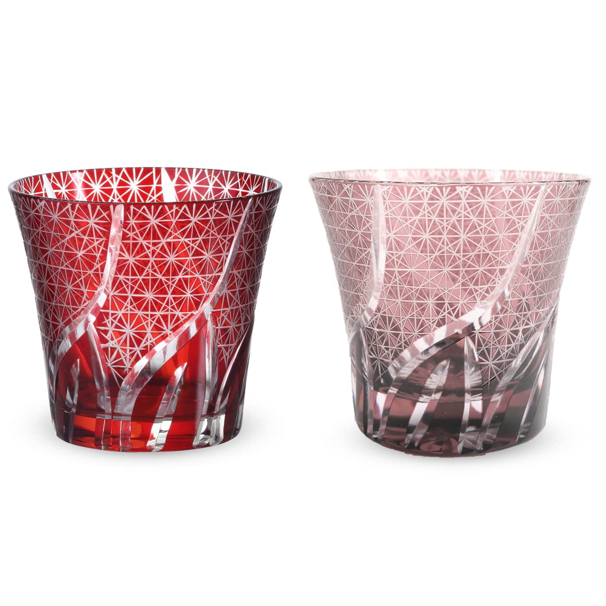 

Retro Kiriko Pair of Glass Ranbori Komon Red Kasho Current Model J-kitchens Cups, 94xH85mm, 240cc, (Small Pattern) & Purple,