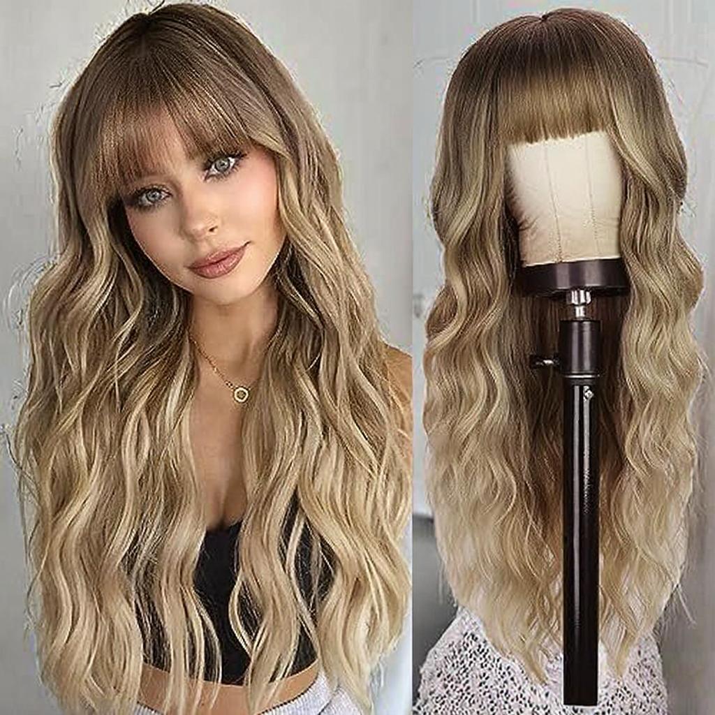 Bangs 26 Inches Deep Wave Body Wave Long Curly Synthetic Hair Wig Heat-Resistant Glueless European American Women High