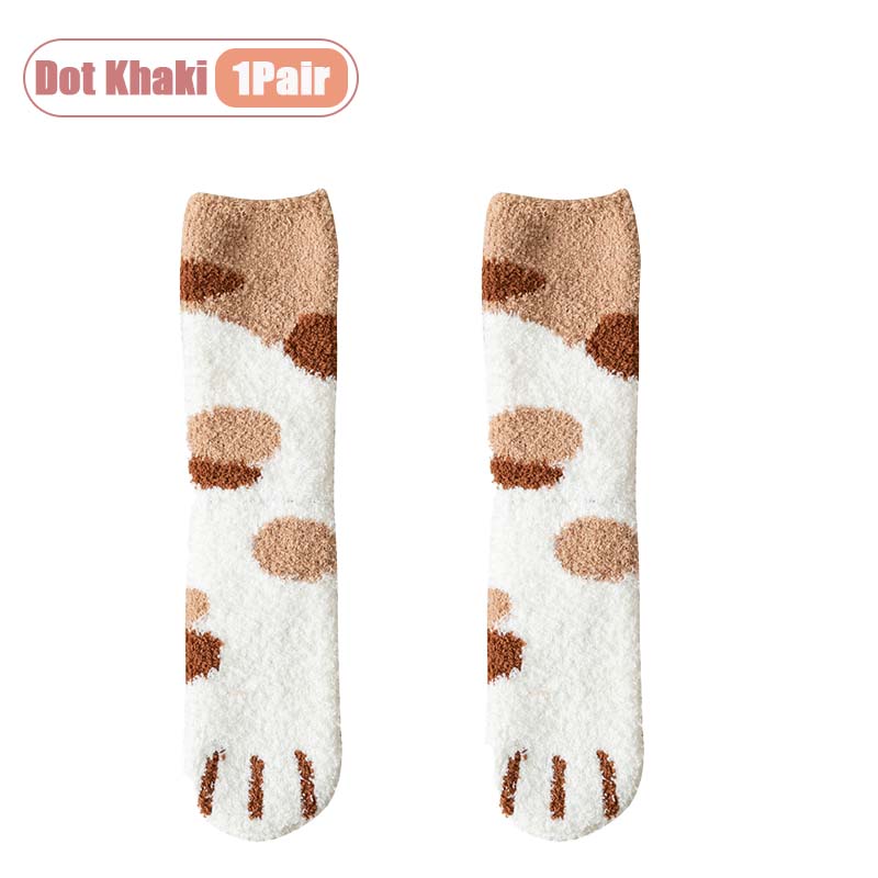 Winter Coral Fleece Socks Mid Calf Cute Cat Paw Design Thickened Warm Sleep Socks for Women Girls Indoor Cold Weather Wear