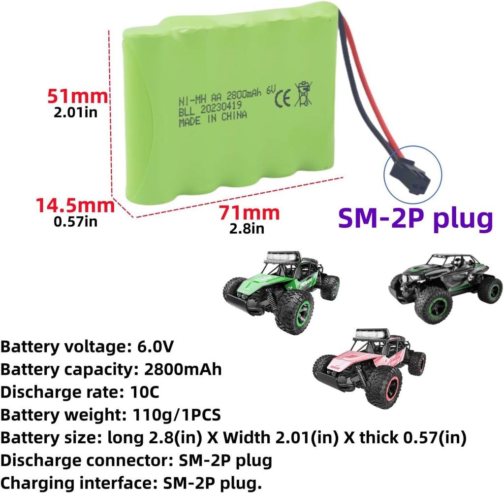 6.0V 2800mAh AA Rechargeable Battery with SM-2P Plug and USB Charging Cable – Compatible with TB141 TB142 DE37