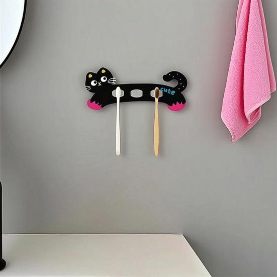 Toothbrush Holder, Wall-Mounted Cat Shape, with 3 Slots No-Drill Installation Organizer, Strong Adhesive Storage Rack for Bathroom