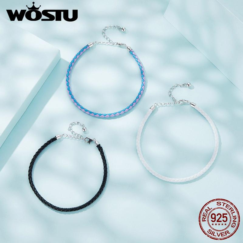 WOSTU 925 Sterling Silver Simple Leather Bracelet Fashionable Individual Lobster Clasp Bracelet