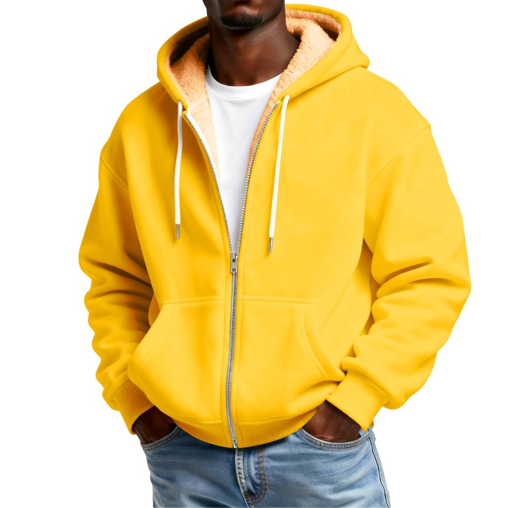 Men's Solid Color Fleece-Lined Zip-Up Pocket Hooded Sweatshirt Cardigan Men's Casual Sweatshirt Cardigan