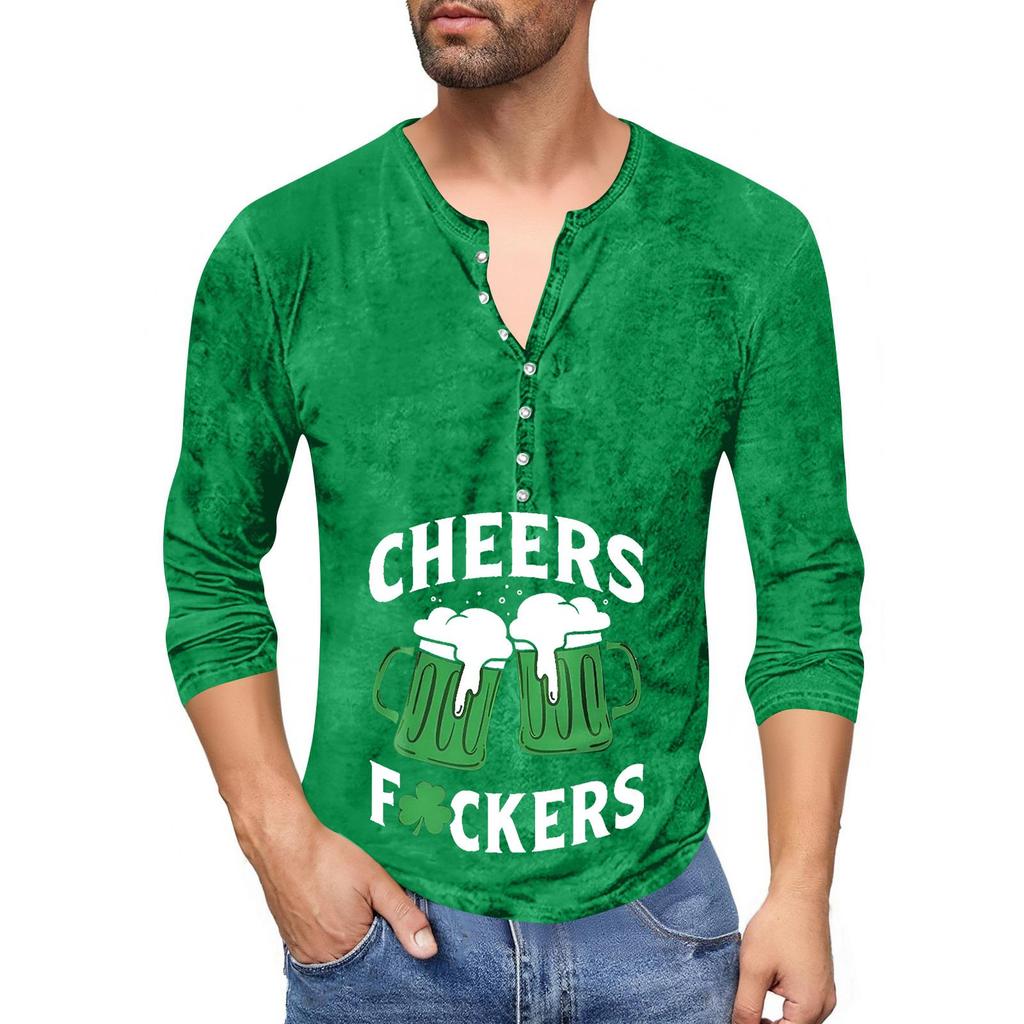 Men'S Printed T-Shirt Outdoor Retro Button Loose Long Sleeve Top