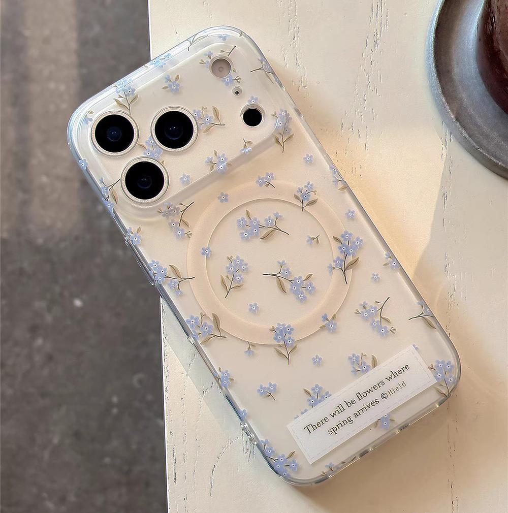 

Full-Screen Blue Flower Magnetic Grip Tok Phone Case for iPhone 12 16 15 14 13 17 Pro Max 11 Wireless Charge Cover for Magsafe iPhone 13