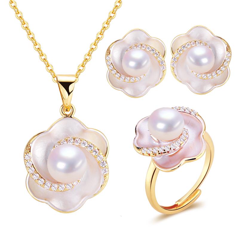 SHDIYAYUN Hot Sale Rolling Flower Natural Freshwater Pearl Earrings Necklace Rings Jewelry Set