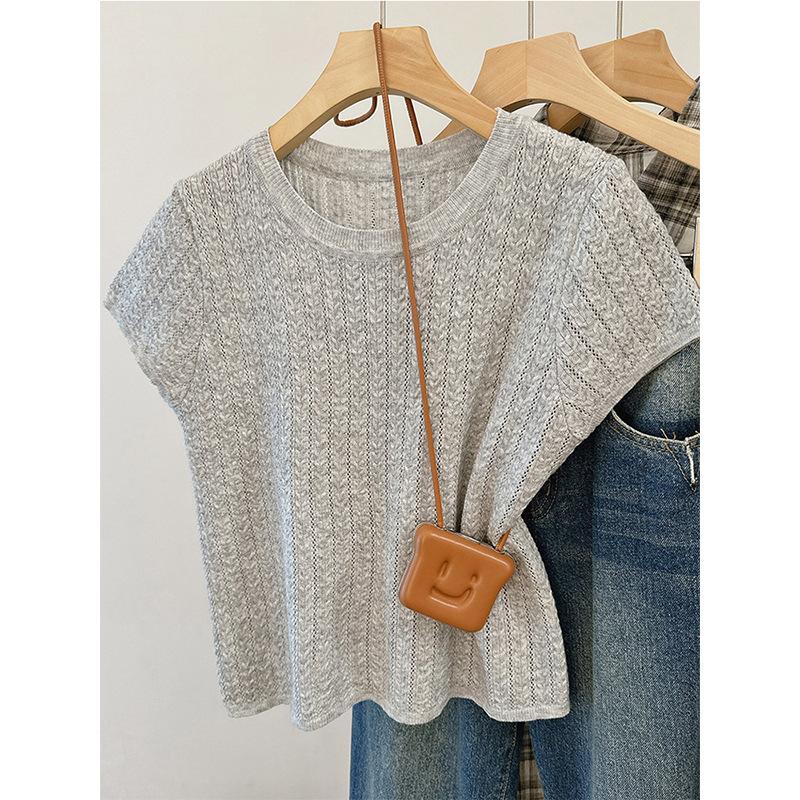 Thin Ice Silk Hollowed-out Knitted Sweater Short-sleeved T-shirt Women's Summer New Round Neck Slim-fitting and Thin Versatile Short Top