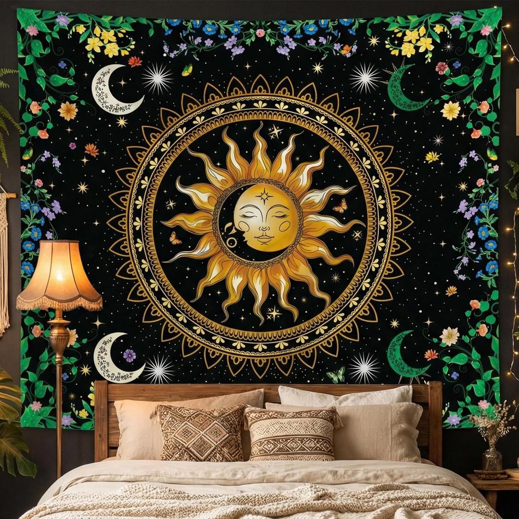 Boho Mandala Nature Tapestries Bedroom Decor,Sun and Moon Celestial Starry Night Poster,Mandala flowers tapestry wall hanging