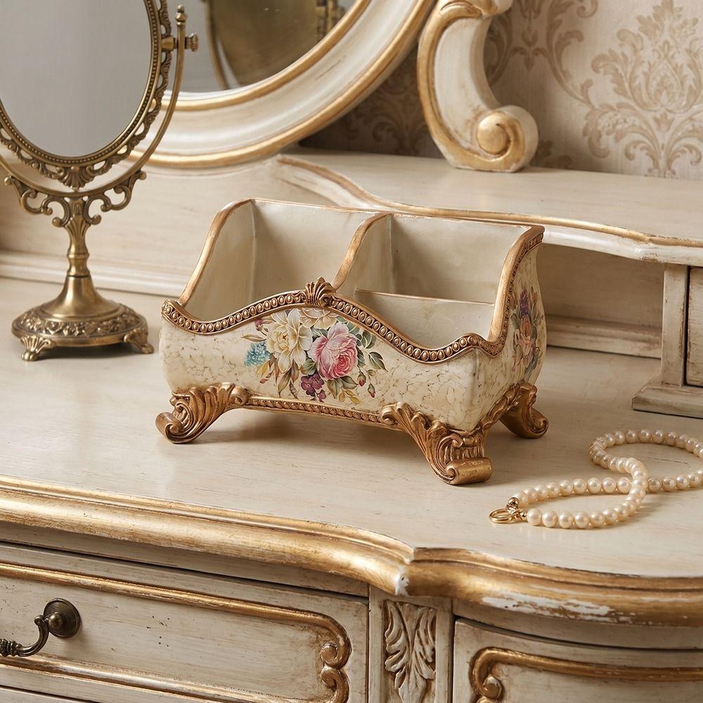 Resin European Style Storage Box Flower Pattern 3 Compartment Remote Control Box Decorative Retro Remote Control Holder
