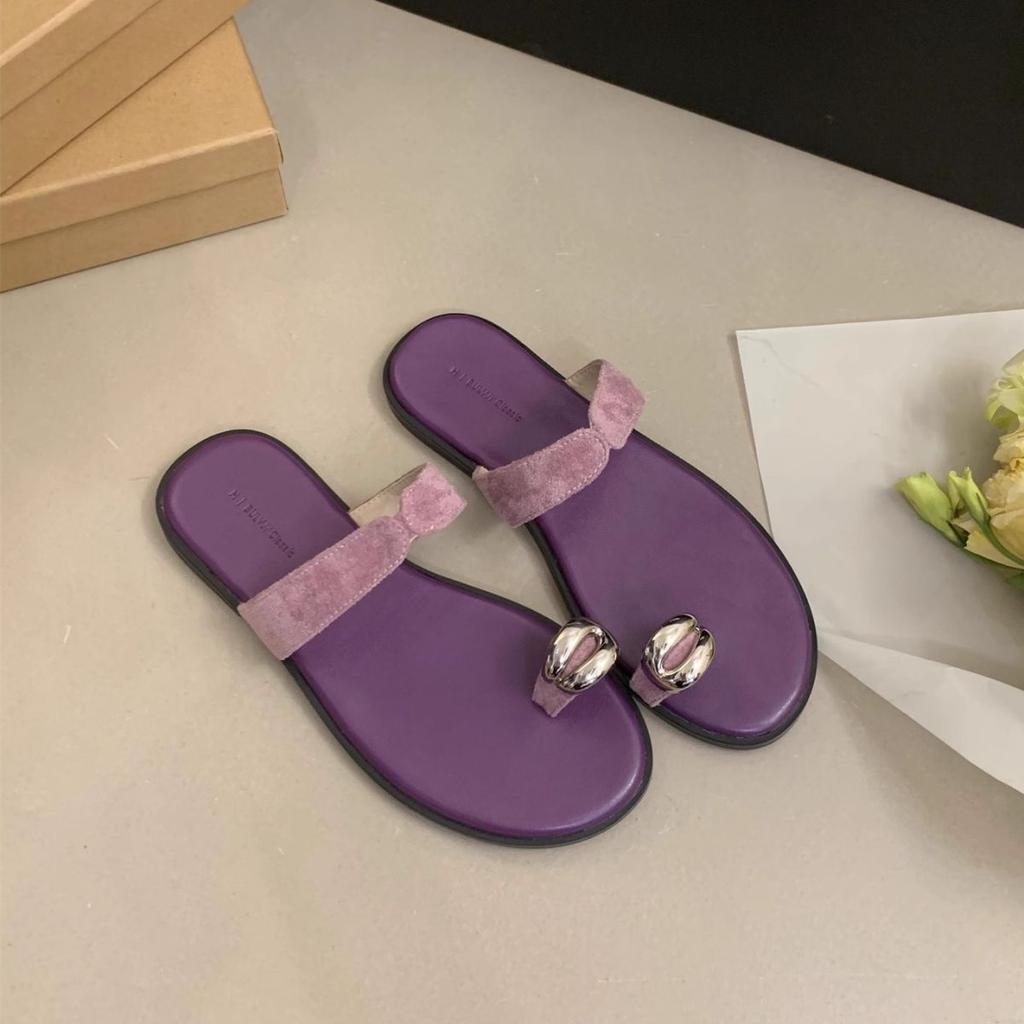 Niche Metal Set Toe Slippers Women's Outer Wear Summer New Korean Simple Casual Flat Sandals Seaside Beach Shoes
