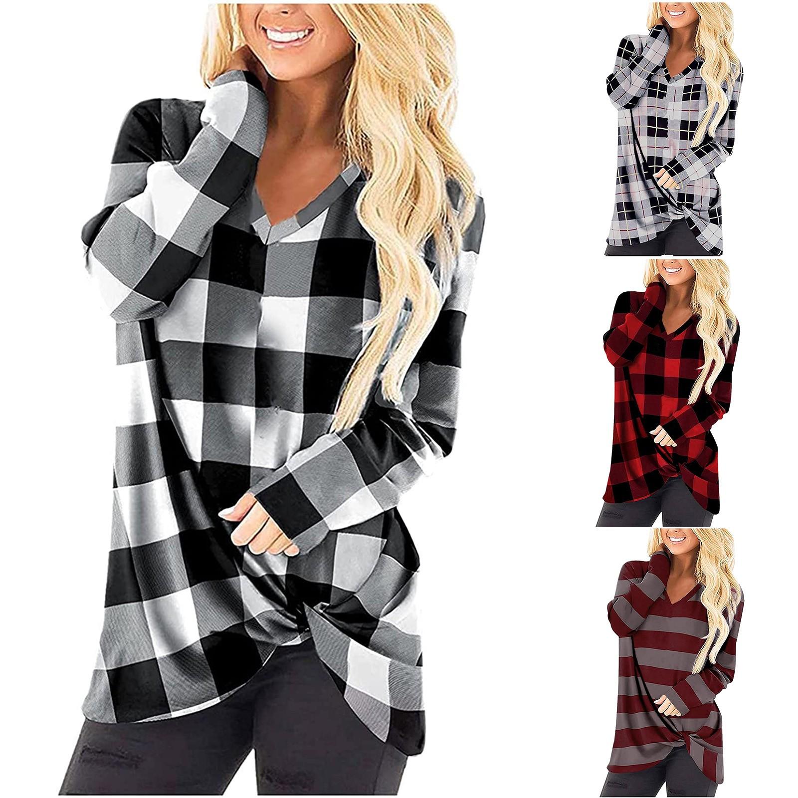 

Модные женские клетчатые принты, зимние свободные повседневные футболки с v-образным вырезом и длинными рукавами, топы