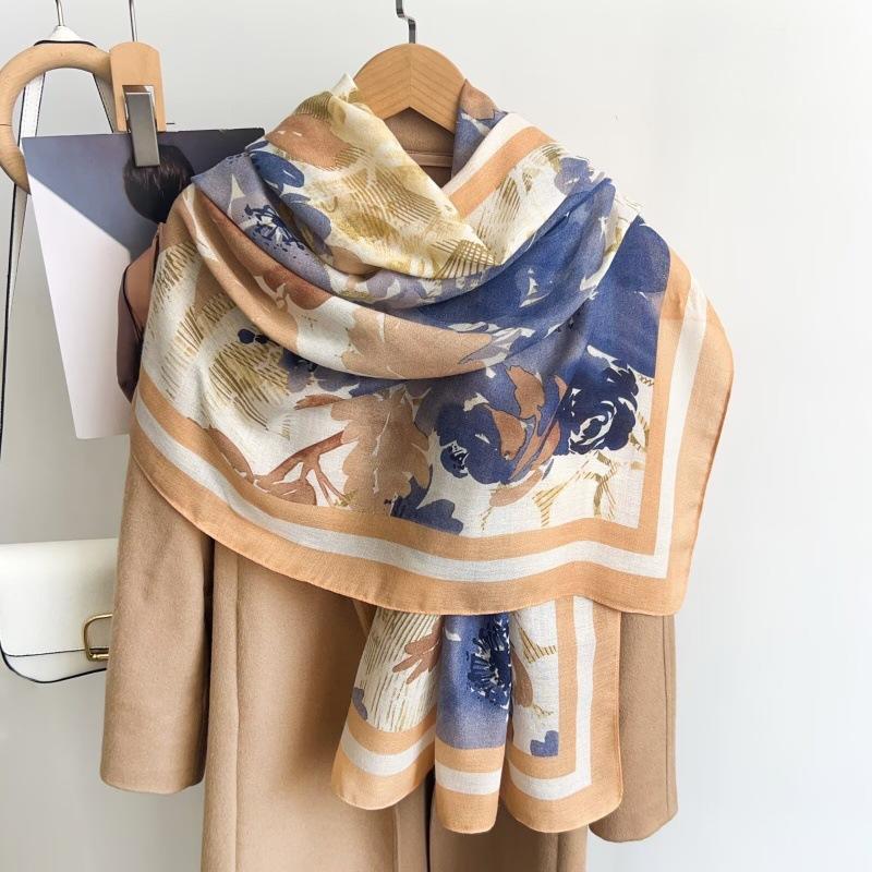 New Chinese Style Oil Painting Flower Scarf Long Silk Scarf For Travel Sun Protection