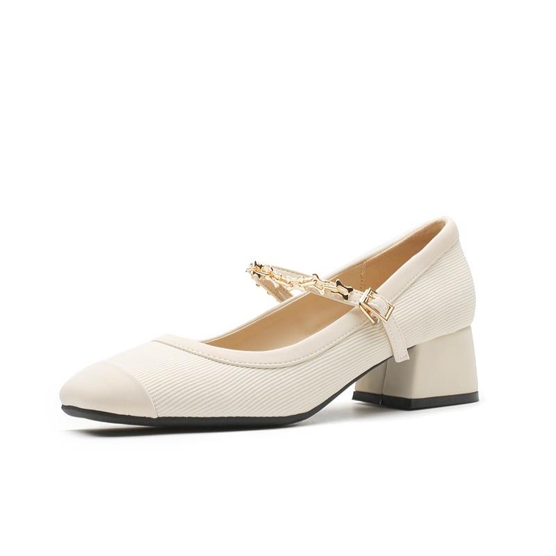 Square head thick heel single shoes women's spring and summer new one-word buckle strap burgundy Mary Jane shoes women