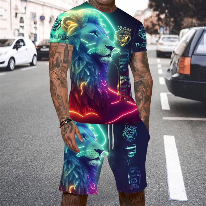 Conjunto de camiseta de hombre con estampado 3D de El Rey León, verano 2024, camiseta de manga corta con cuello redondo, estilo 3D, conjunto informal de moda para exteriores para hombre.
