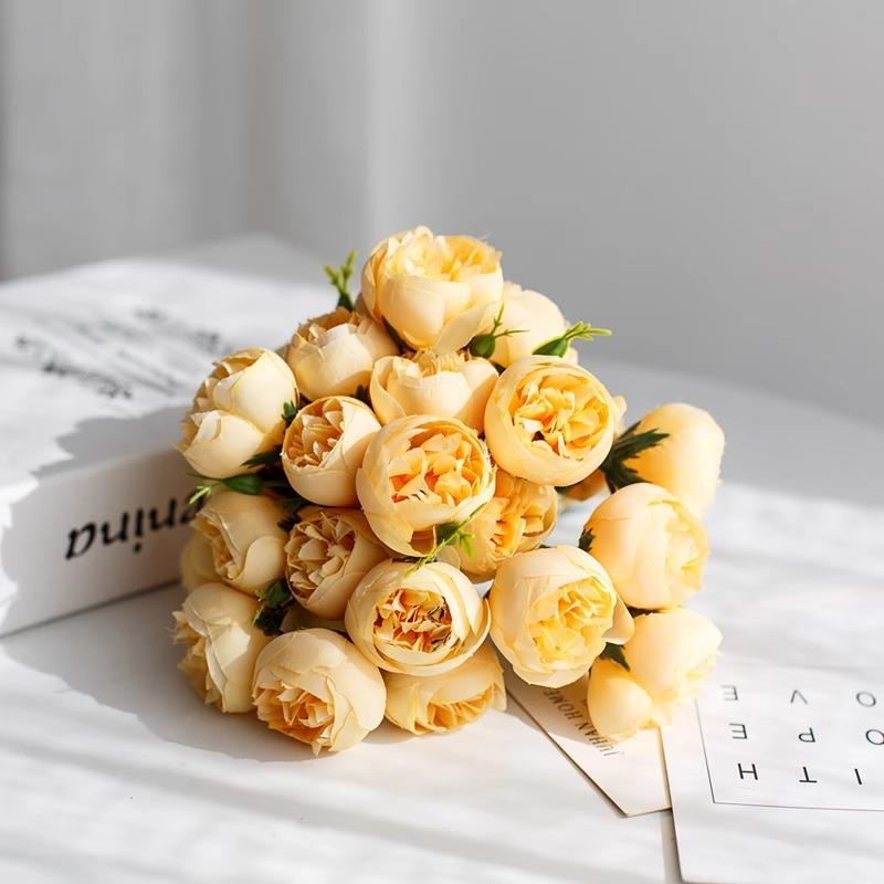 

27-head Artificial Flower Bouquet of Tea Rose and Peony, Artificial Flower Photography Prop, Bride s Hand Bouquet, Home Decoration жовтий