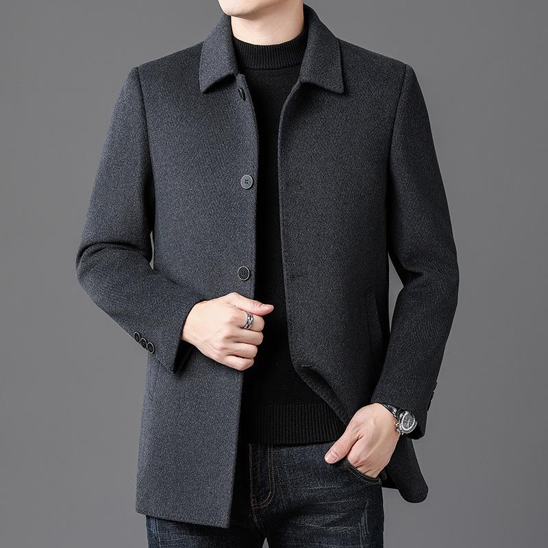 Men's Double-Sided Cashmere Wool Coat with Goose Down Liner - Business Casual Windbreaker for Middle-Aged Dads.