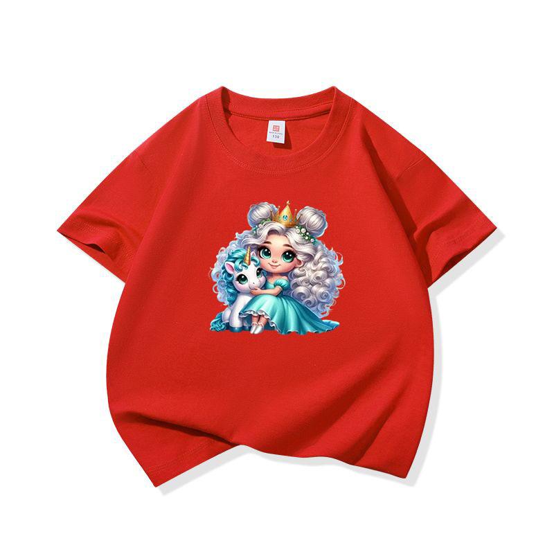 Kids Cotton T Shirt Princess Girl With Blue Unicorn Print Crew Neck Short Sleeve Tee Casual Boys Girls Summer Tops