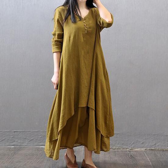 Buttons Decor False Two Pieces Baggy Dress Large Hem V-Neck Solid Color Long Sleeve Retro Dress Streetwear