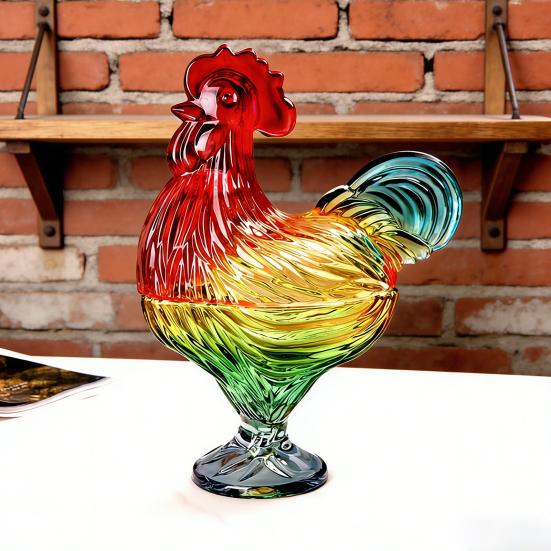 Glas Hahn Bonbonglas mit Deckel Handgefertigt Buntglas Snackschale Dekorative Obstschale für Süßigkeiten Nüsse Heim Wohnzimmer Dekor