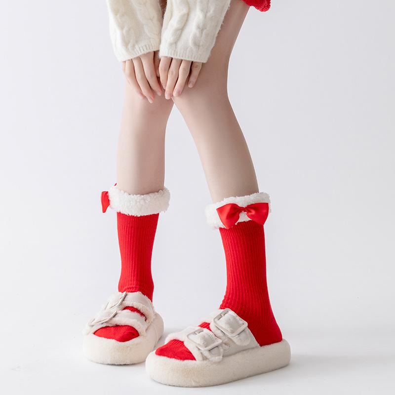 

Женские осенне-зимние рождественские красные гольфы с кружевом и бантом из овечьей шерсти 1 pair