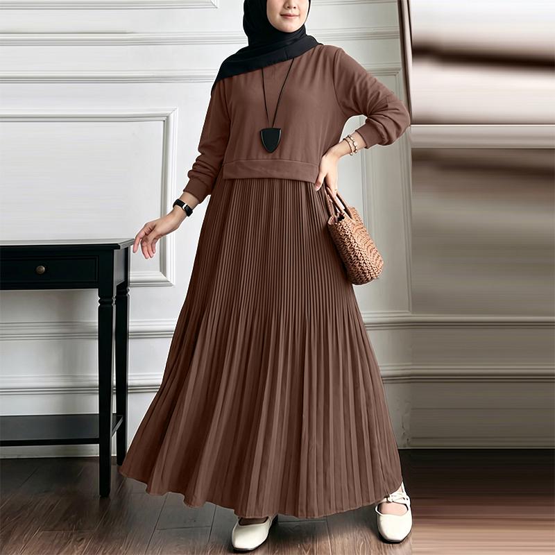 ZANZEA Women Muslim Casual Round Neck Long Sleeve Loose Pleated Dress S