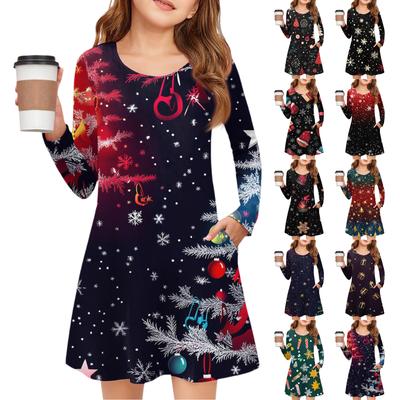 Weihnachtstag Mädchen Langarmkleid - Farb-Taschenkleid