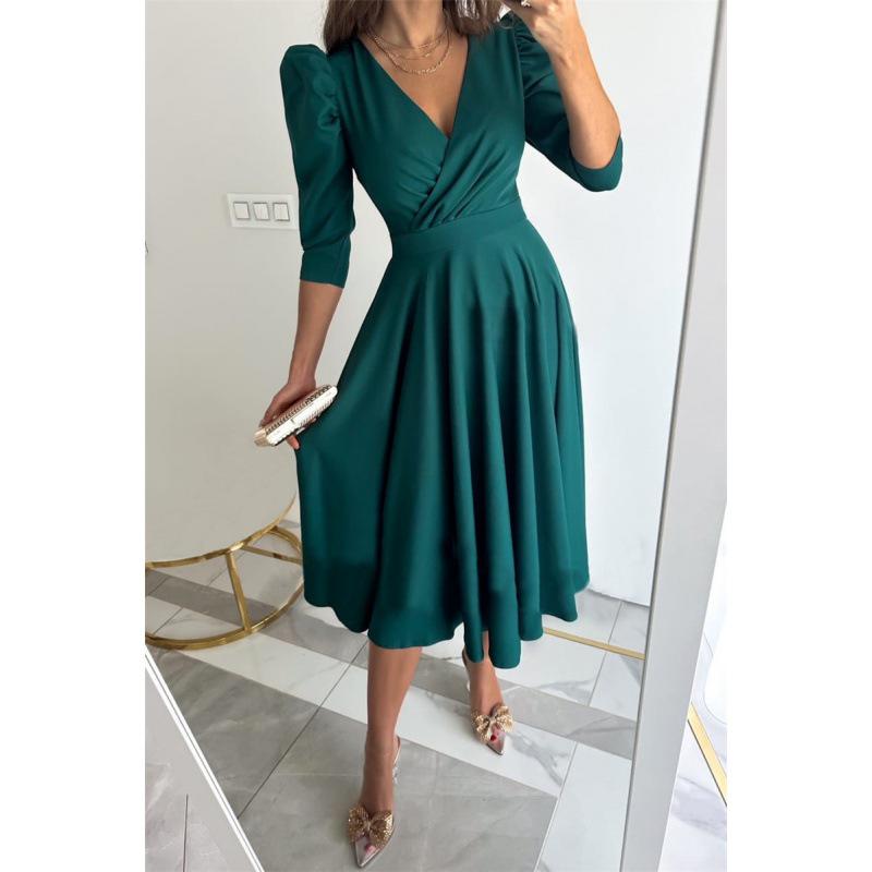 Autumn V-neck Waist-Cinching Bubble Sleeve Swing Dress