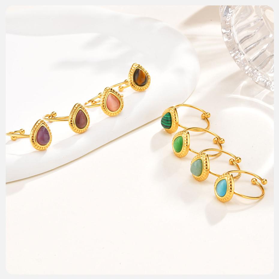 Vnox Dainty Water Droplets Opal Rings For Women Stainless Steel Colored Stone Aesthetic Open Rings Waterproof Finger Jewelry