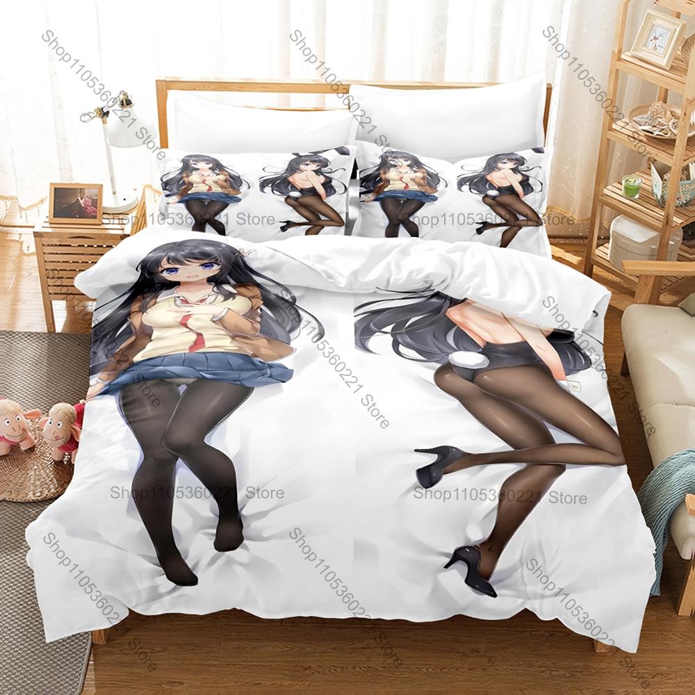 Sakurajima Mai Bedding Set 3Pcs Black Hair Anime Girl Pattern Soft Microfiber For Otaku Fans All Season Bedding