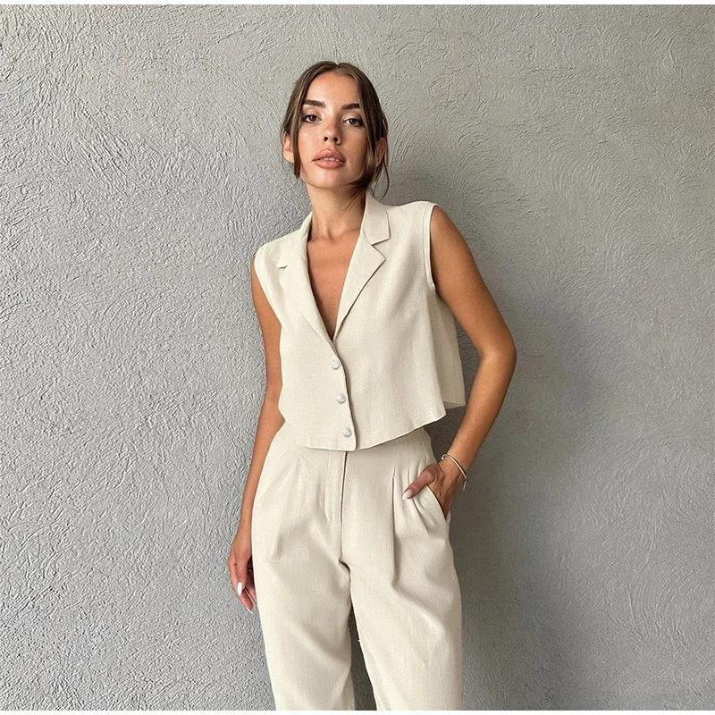 Casual Solid Vest Suit Women Sleeveless Single Breasted Tops High Waist Pants Summer Fashion Lady Elegant Set