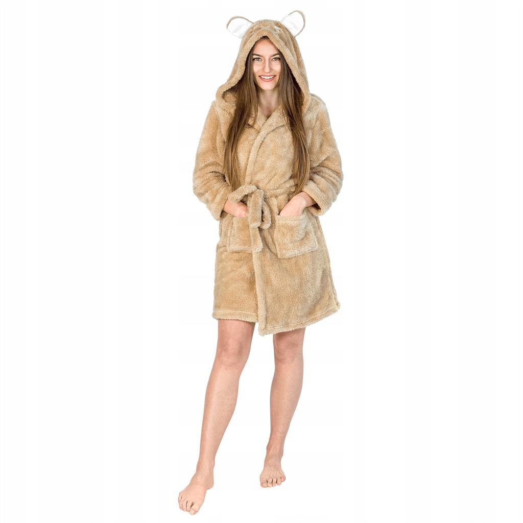 Dam teddybjörn morgonrock med huva, lång, varm, tjock, kigurumi jumpsuit L