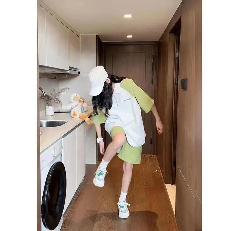 POLO collar loose sports suit female summer leisure student contrasting color age-reducing short-sleeved shorts two-piece trendy set