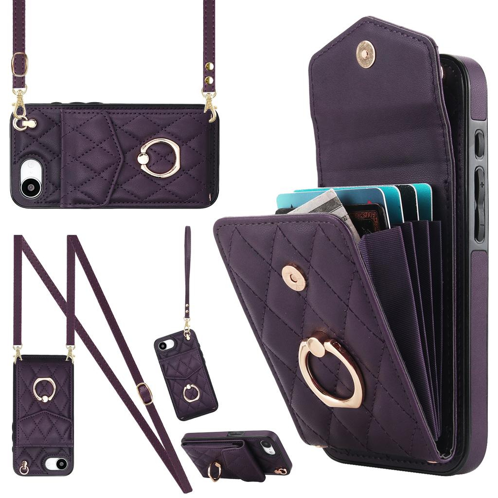 For iPhone 16e Case RFID Blocking Card Bag Leather+TPU Crossbody Phone Cover with Ring Kickstand