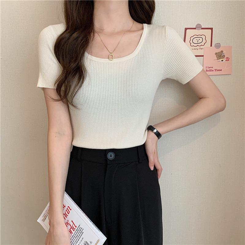 Fashion Ice Silk Short Sleeved Knitted Women's T-shirt Spring Summer New Slim Fit Thin Pullover Bottomed Sweater Women's Short Top Women's Clothing
