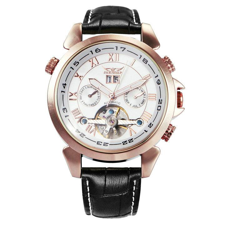Jaragar Mechanical Watch Men Automatic Gold Mens Watches Top Brand Luxury Tourbillon Calendar Leather Belt Male Clocks Relojes