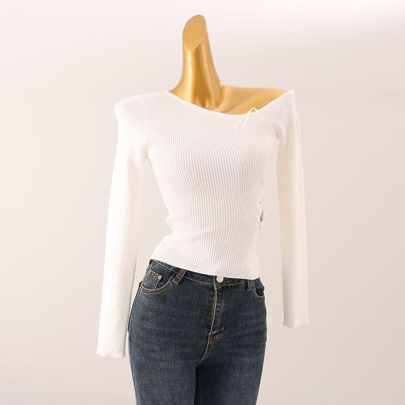 Foreign Trade Original Order Sexy off-Shoulder off-Neck Long Sleeve Knit Design Sense Niche Slim Fit Short Base Top