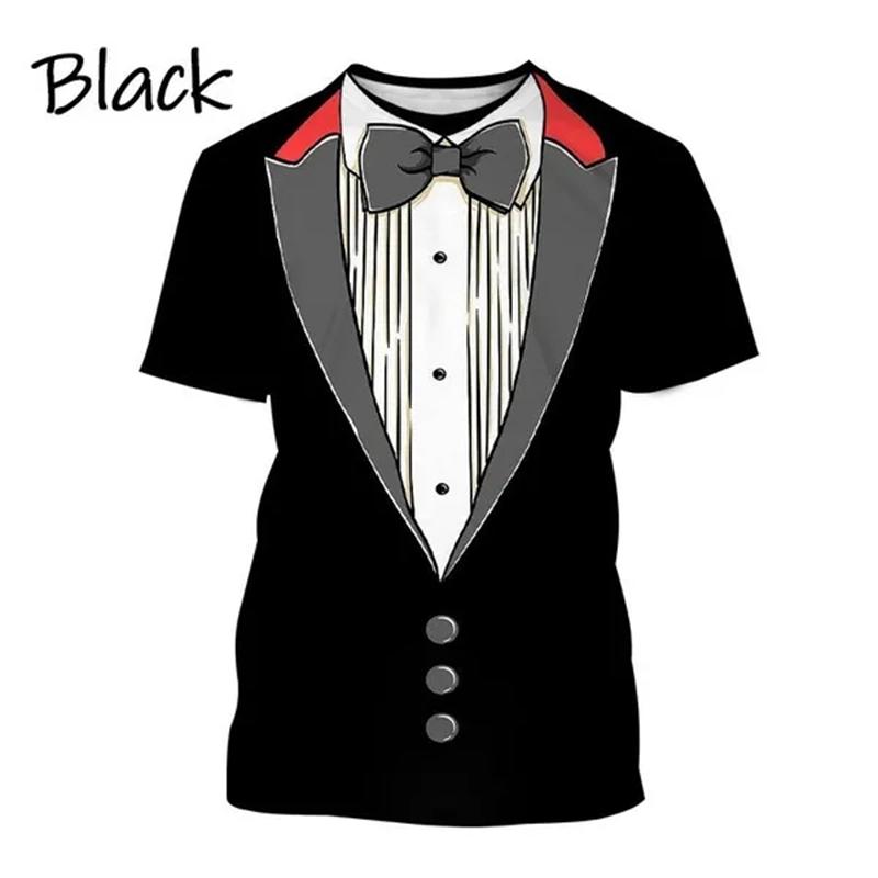 Summer Round Neck 3D Tuxedo Retro Tie Printed Top Fake Suit Tops Fashionable Casual Short Sleeved Men's T-shirts