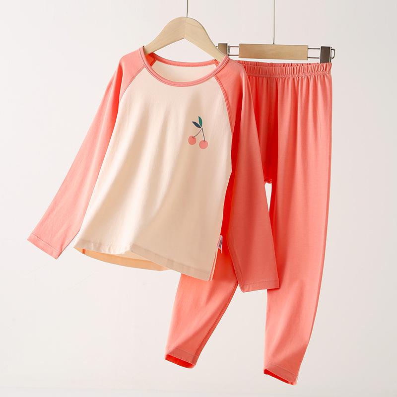 Wiosenno-letni bawełniany zestaw piżamy dla dziewczynek klasy A: Uroczy, Domowy Strój z Okrągłym Dekoltem dla Średniego Dziecka - Jesienne Spodnie w Zestawie