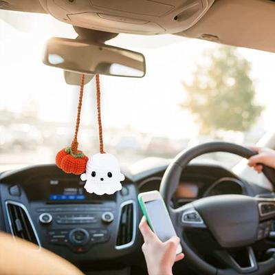 Halloween Crochet Pumpkin And Ghost Car Pendant Handmade Mini Knitted Ghost Pumpkin Hanging Ornament for Car Rear View Mirror Interior Accessories