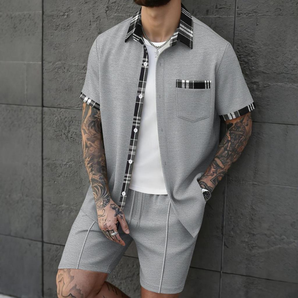 Men's Breathable Waffle Plaid Patchwork Short Sleeve Cardigan & Shorts Set