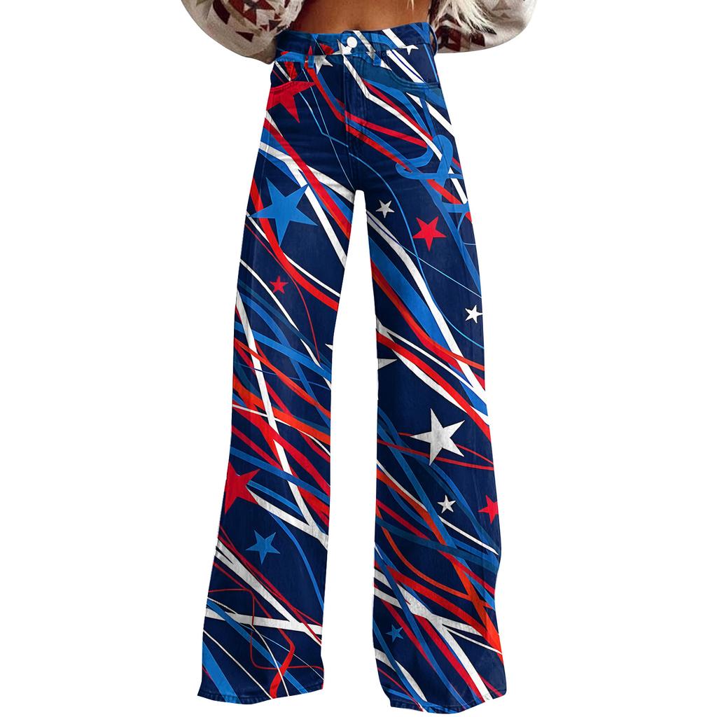 Weite Schlagjeans für Damen mit Taschen, Baggy-Hose, Vintage-Blumendruck, hoch taillierte, lockere Hose