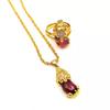 Vietnamese Gold-Plated Brass Jewelry Set with Red Corundum Gemstone: Pixiu Ring, Bracelet, and Necklace.