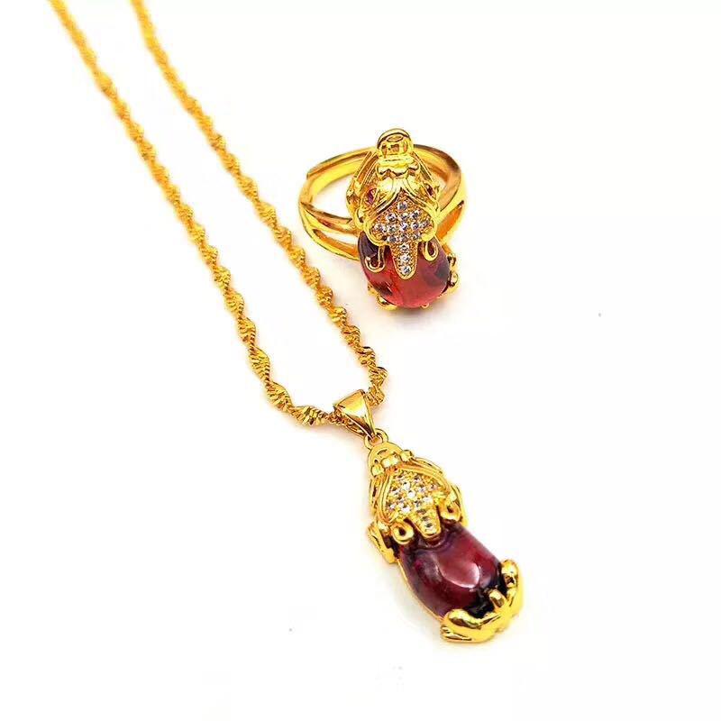 Vietnamese Gold-Plated Brass Jewelry Set with Red Corundum Gemstone: Pixiu Ring, Bracelet, and Necklace.