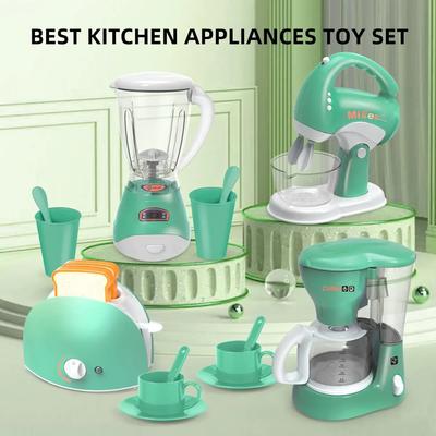 Pretend Play Kitchen Appliances Toy with Sound & Light Coffee Maker Machine Mixer Toaster Blender Kids Kitchen Playset Gifts