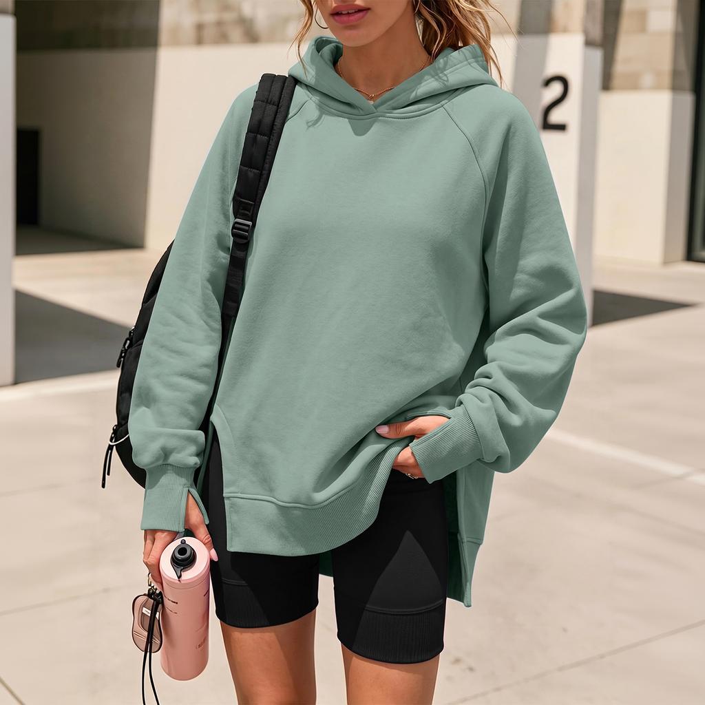 Women's Casual Long Sleeve Hooded Sweatshirt Color Side Slit Pullover Top
