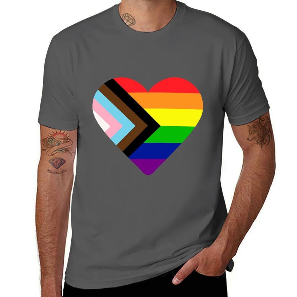 Progress Pride Flag Heart Tshirt Work Style Casual Tshirt